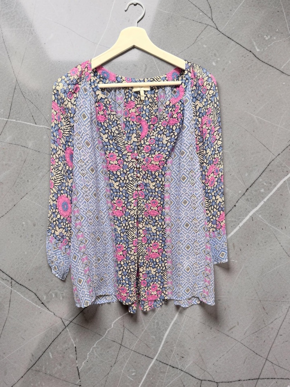 Joie 100% Silk Mixed Print Patchwork Floral Blouse Blue Pink Sheer Size Large